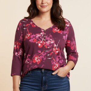 Love Ryan Floral Tunic Size 2X Maroon 3/4 Sleeve V-Neck Stretchy